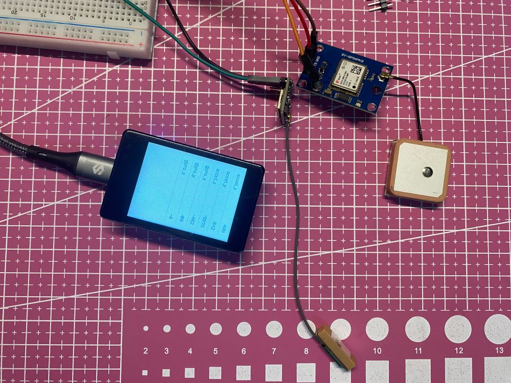 My desk showing the touch screen module and two different GPS modules.