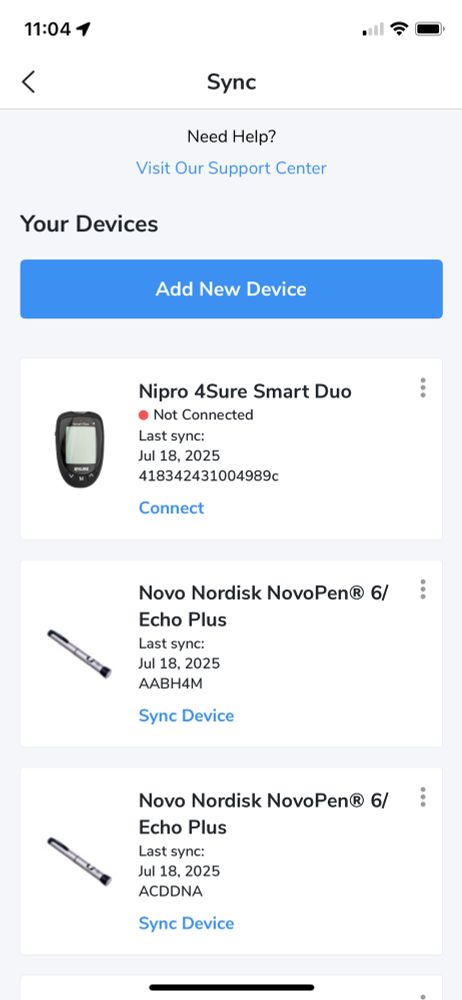 A screenshot of the Sync page in the Glooko app, which is used for managing data from diabetes equipment and is used by my hospital to monitor the condition.  It shows two NovoPen 6 entries, used for administering Novo Nordisk insulins, with silver pen icons making them look identical but for the serial code, a string of random letters.  Yet when you select a pen you then have to select the insulin type so if you get this wrong it records it with the wrong times and usage.