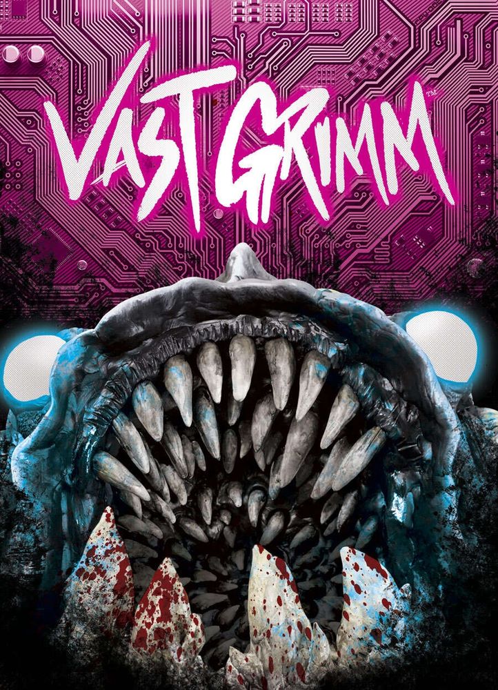 Cover of TTRPG Vast Grimm. A purple circuit board with VAST GRIMM written on it in white. Foreground has a large toothy wurm, like a lamprey with glowing glue eyes