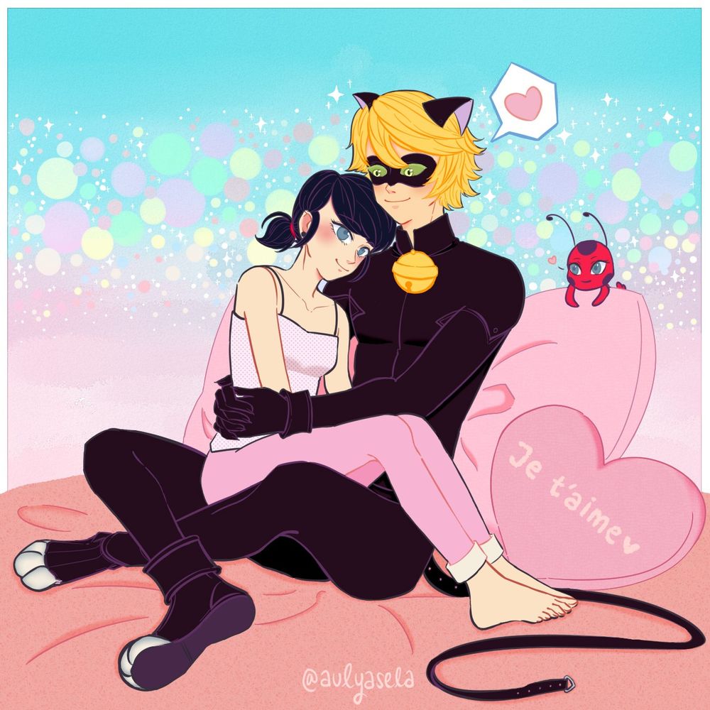 My work on 2021, a digital fanwork of a couple featuring Marinette Dupain Cheng and Chat Noir from Miraculous Ladybug show.