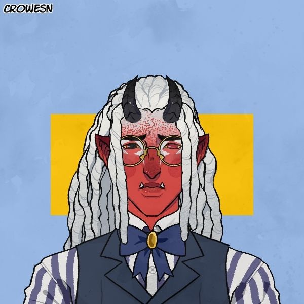 Art of imp with red skin, white dreadlocs, small back horns wearing gold glasses, and a blue and white shirt with a blue vest.