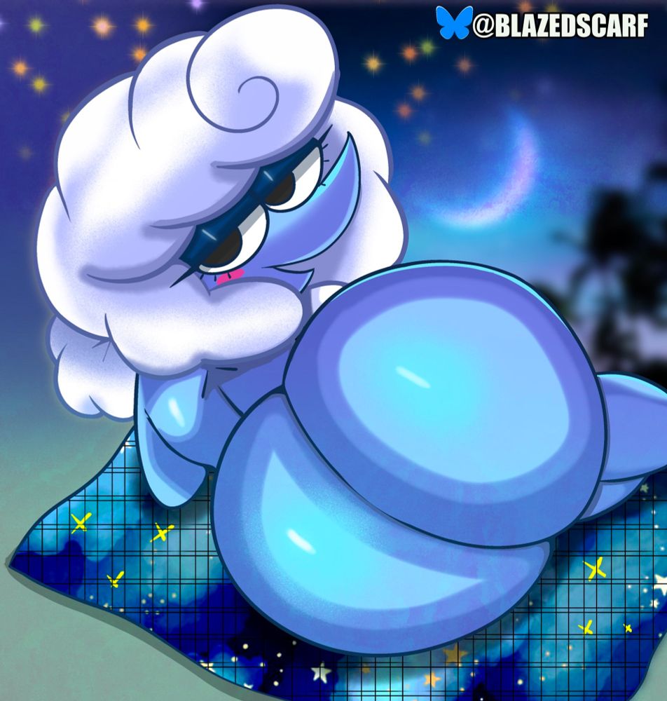 Elnina from Deltarune relaxing at the beach at nighttime. 