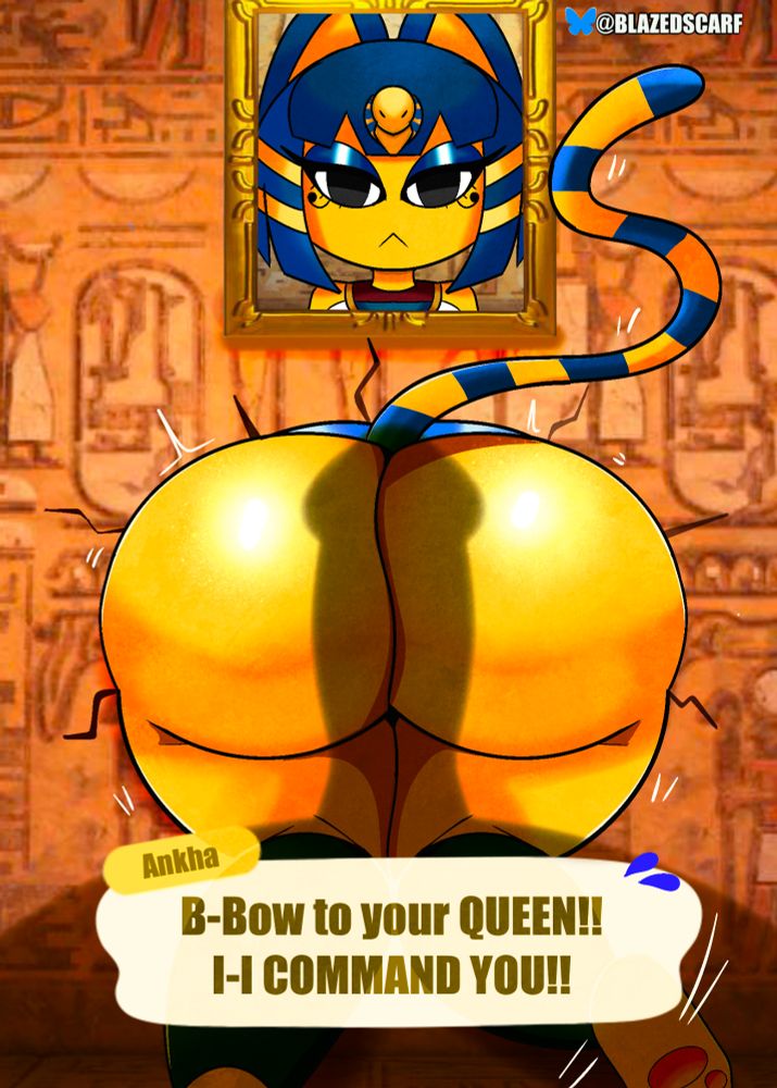 Ankha from Animal crossing stuck in a wall talking to the viewer. Her butt is protruding from the wall she is stuck in. Part 02