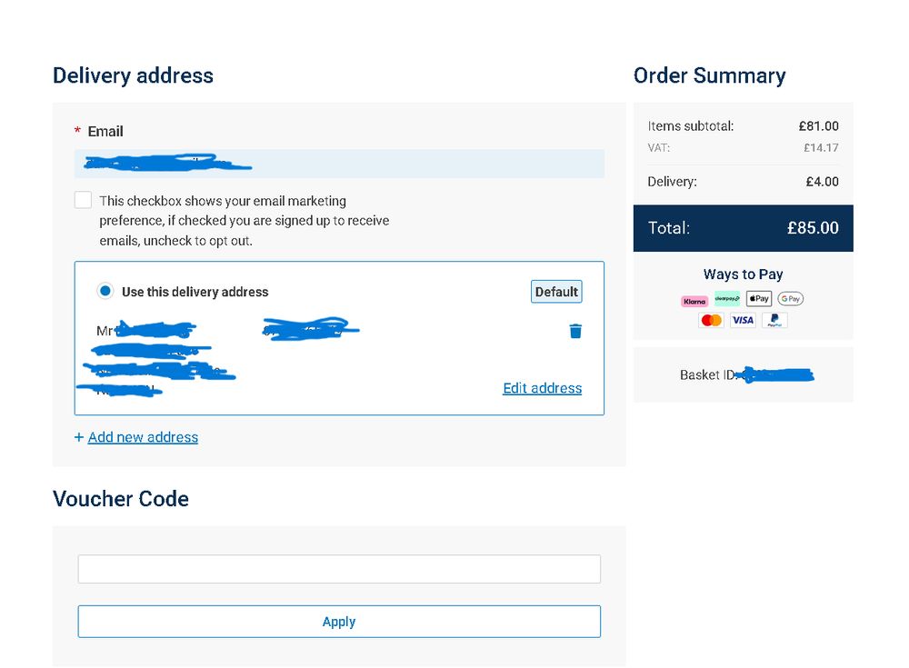 Wickes website basket screenshot step 2 showing £4 delivery charge.