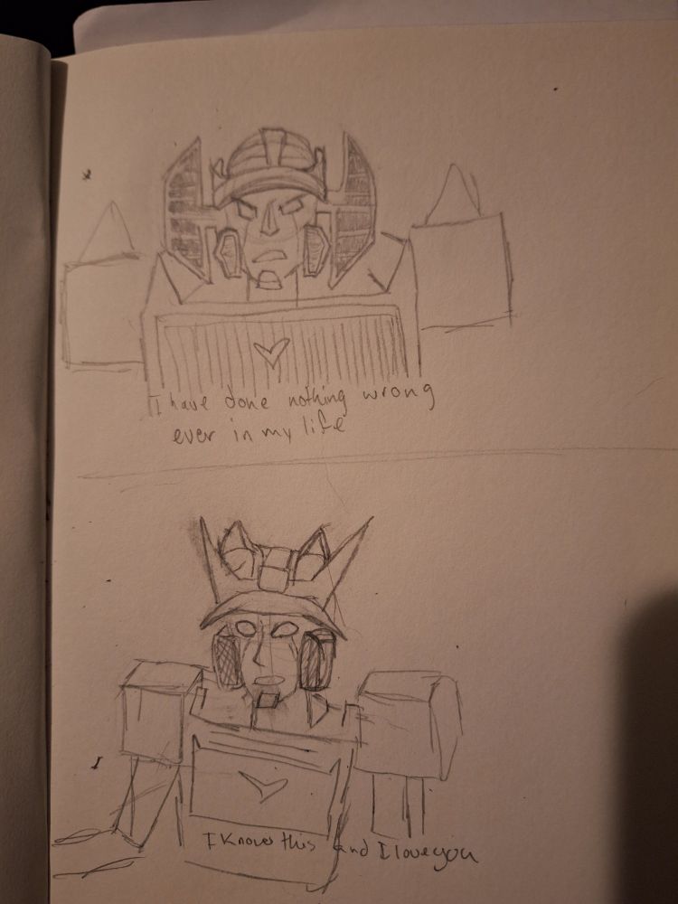 Redraw meme of parks and rec
Sunstreaker: i have done nothing wrong ever in my life
My tfoc: i know this and i love you