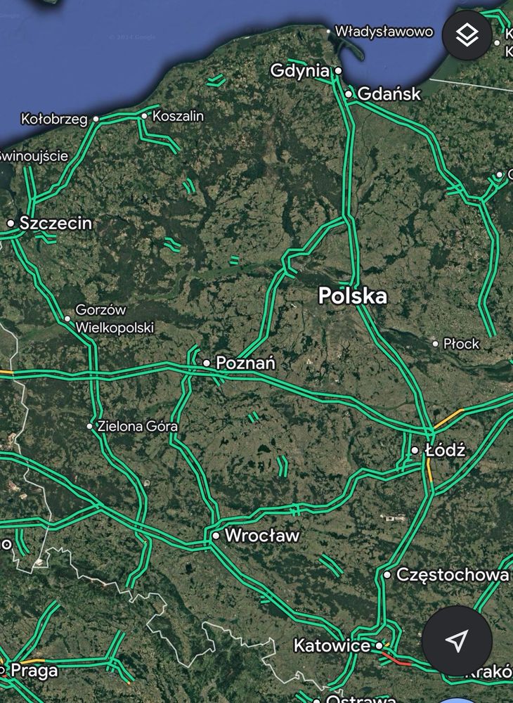 A map of western region of Poland showing only the highways, with short highway sections sprinkled around here and there between Poland's major highways. Those are roads which were only partially turned to highways, with the rest of them left untouched, resulting in seemingly random bits of highways leading from/to nowhere.