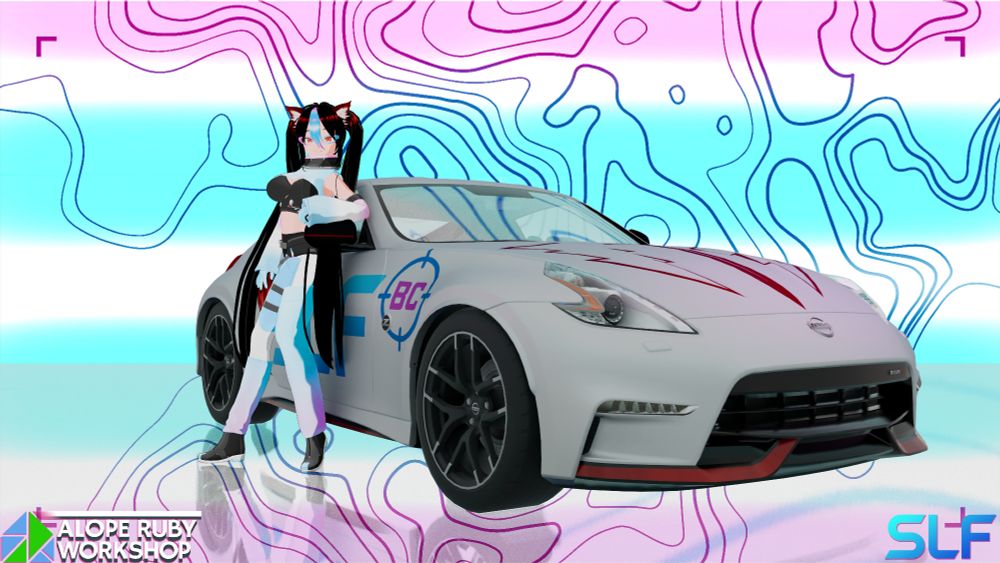 Blender EEVEE render of Samantha Aurelia Fox in her birthday miku-themed outfit, leaning on a decorated 2015 Nissan 370z, with a transgender-themed abstract background. Rendered in Blender EEVEE by Alope Ruby Workshop (myself), Samantha Aurelia Fox model made in Vroid Studio by Samantha Aurelia Fox (ttvblckcrrnt), car ripped from Real Racing 3 by Ddiaz Design (https://sketchfab.com/ddiaz-design).