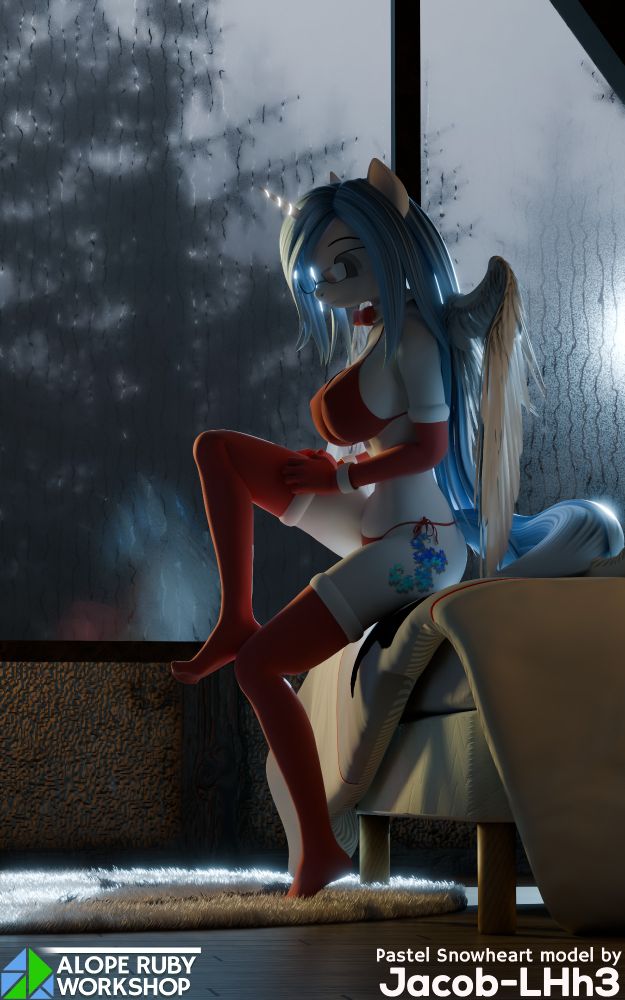 A render of Pastel Snowheart sitting on the edge of her bed, and putting on her red x-mas themed stockings, while already wearing her red x-mas themed arm gloves and red bikini, plus a bowtie collar. Her long flowing ice-blue mane is all down, and her ice-blue tail rests on the bed. She's inside a bedroom with a large window behind her, through which you can see a snowy tundra environment, illuminated by a heavily overcast day sky. Render is by myself, the Pastel Snowheart model is by Jacob-LHh3.