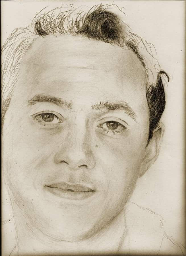a partially finished pencil portrait of reece shearsmith, old and yellowed and low resolution