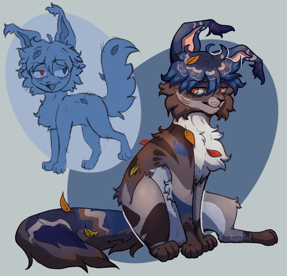 Two drawings of a feral cat/lynx character. In the main, coloured and shaded image, he is sitting and has a cocky smile, side-eying the viewer. The side image is a solid coloured sketch of him standing, now with his mouth open mid speech. 