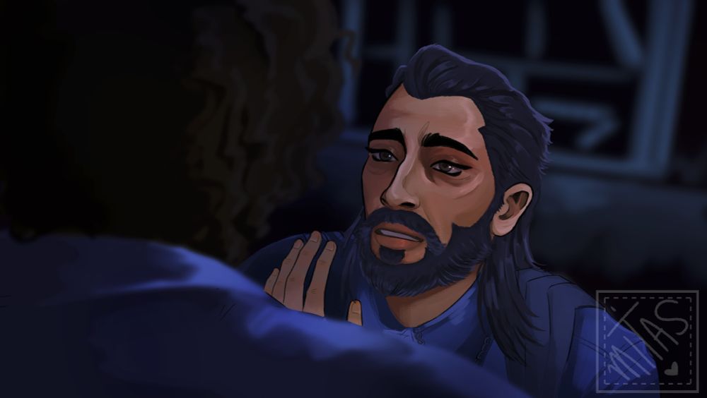 screencap redraw of Lucanis Dellamorte and user's oc and Rook, Dante. Lucanis is kneeling on the floor, looking pleadingly at Rook, who is facing away from the viewer with his hand on Lucanis' shoulder. The mood is moody, with a blue pallet. 