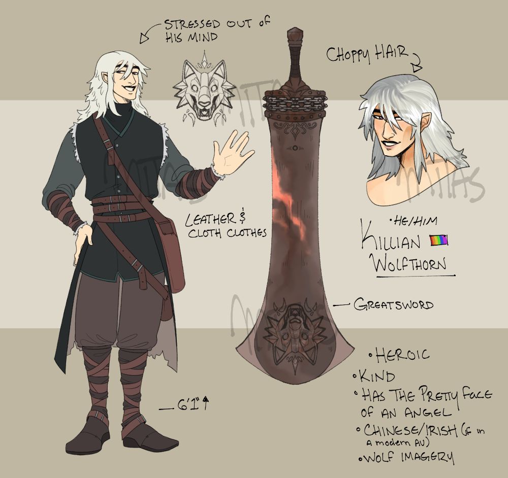 Reference drawing of user's oc, Killian Wolfthorn. He is a tall, half elven man with pale skin, white hair, and purple eyes with a reddish hue. He is wearing dark, teal-colored and brown leathers, with light fur trimmings, and many brown belts. Two of which, hold bags. His hair is choppy, and mid length. He has a greatsword made of scrap metal, it is large and rusty red and browns, with a wolf head embossed on the flat end. Included is a more detailed headshot drawing of Killian. Text reads. (Pointing to his head) Stressed out of his mind. Leather & Cloth clothes. (Pointing to his boots). 6 foot 11 inches tall. (Pointing to the detailed headshot) Choppy hair. He/Him, Killian Wolfthorn, Gay. (Pointing to the sword) Greatsword. Bullet points, Heroic. Kind. Has the pretty face of an angel. Chinese/Irish, if in a modern au. Wolf Imagery. 