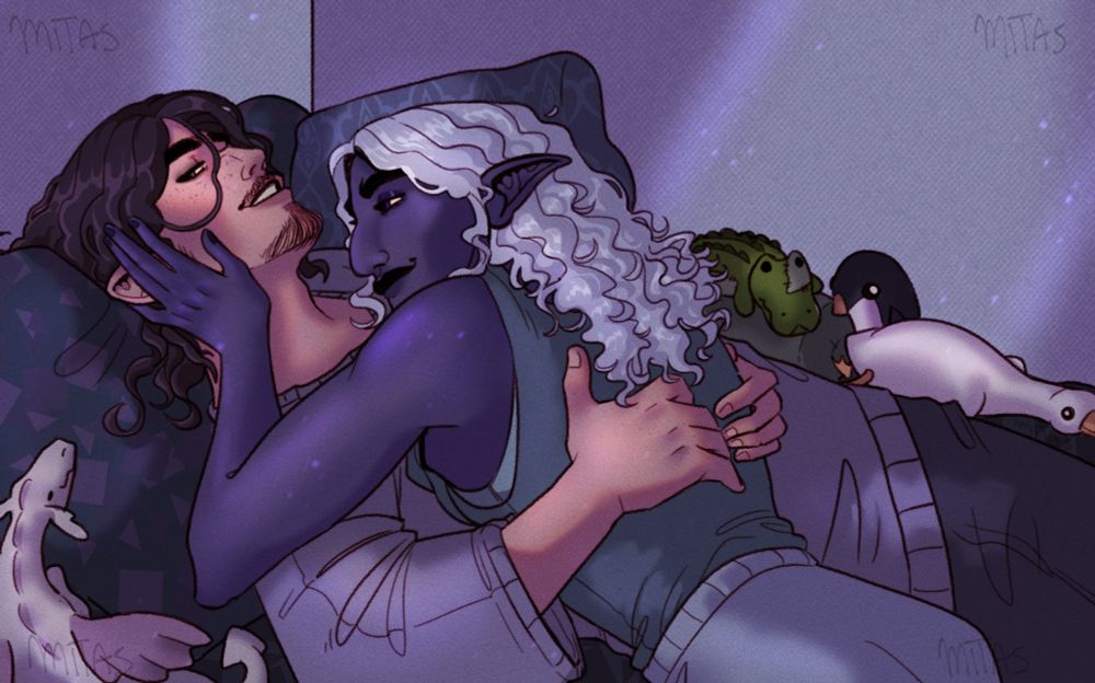 Waist up digital drawing of two original characters cuddling on a bed, surrounded by stuffed animals.