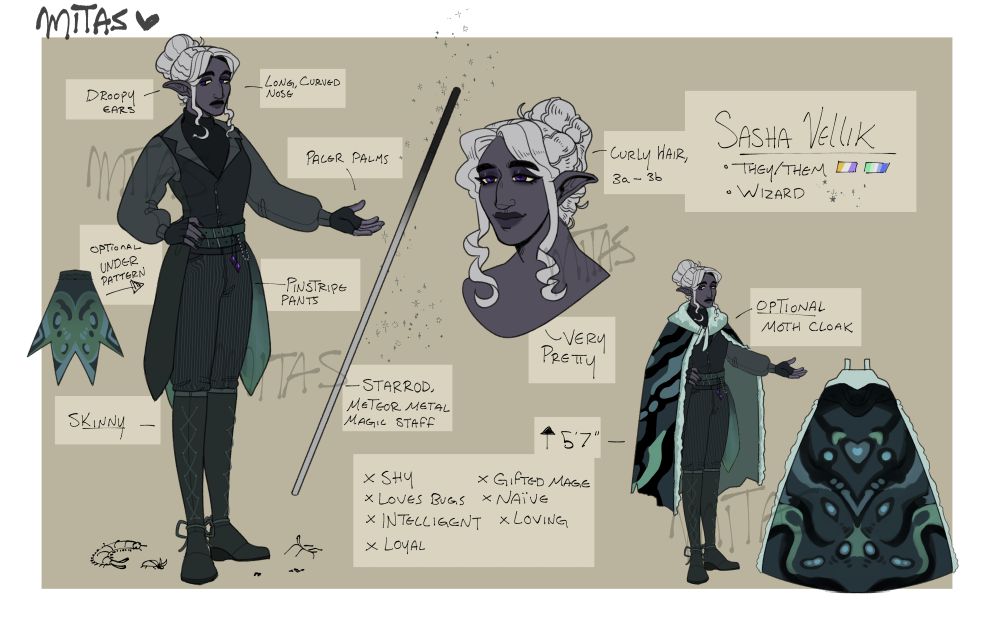 Reference drawing of user's OC, Sasha. Features a full body drawing of Sasha, one hand on their hip and the other outstretched. This fullbody is duplicated on the canvas, one larger, and one smaller, wearing a moth-wing spotted coat. They wear a teal/dark green colored outfit, resembling a classic waist-coat suit. Their sleeves are puffy, tapering at the wrist, and they wear fingerless gloves. They are a purple dark elf, with curly white hair tied back into a bun. They have purple eyes. Their staff, a simple silver metal pole, is drawn next to a larger, more detailed headshot of Sasha smiling. Text on the canvas reads; Droopy ears. Long, curved nose. Paler palms. Optional under pattern. Pinstripe pants. Skinny. Starrod, meteor metal magic staff. Very pretty. 5 feet 7 inches tall. Curly hair, 3a - 3b. Optional Moth Cloat. Sasha Vellik. They/Them. Wizard. Shy. Loves bugs. Intelligent. Loyal. Gifted Mage. Naive. Loving.  