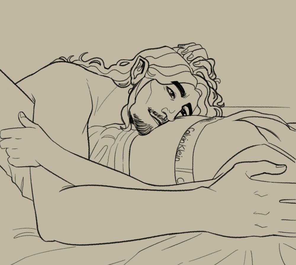 Sketch drawings of user's oc, Sasha, and user's girlfriend's oc, Jules, laying down on a bed. Only some of each of their body is visible. Jules' head and arm rest on Sasha's stomach and chest, wearing pajamas. Jules is looking at Sasha adoringly. Sasha's head is out of frame, as this piece focuses on Jules. 