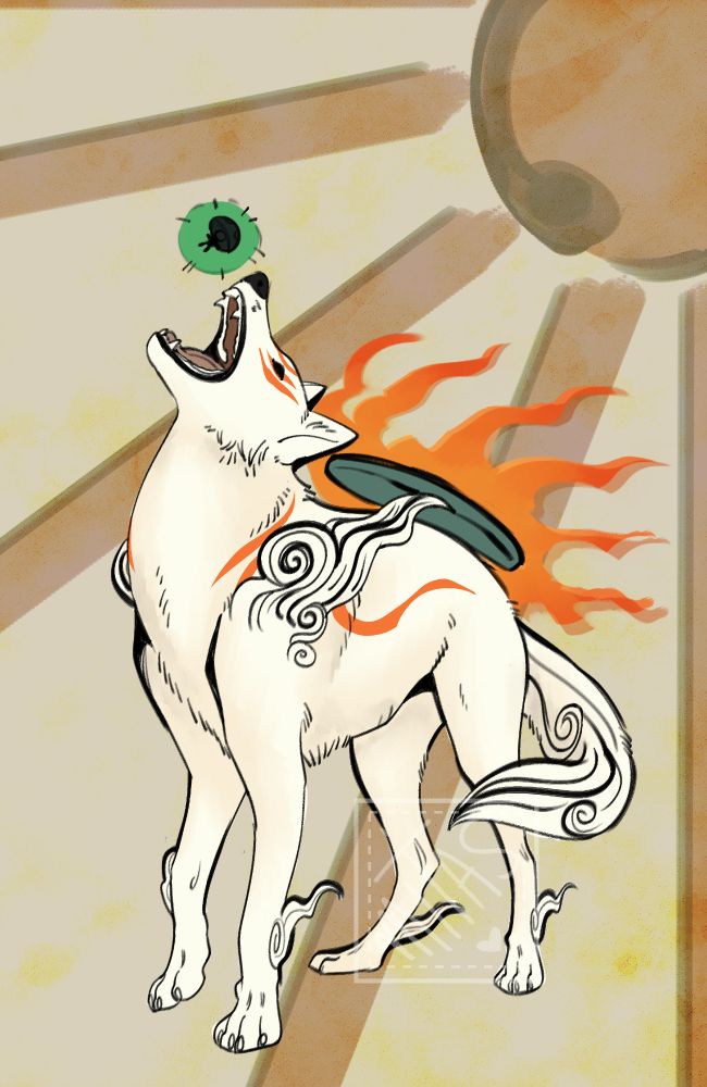 fanart of Okami's Amaterasu. Image is of Amaterasu, a stylized white wolf with red markings and a flaming sundisc on her back, about to devour Issun, who appears as a small bug surrounded by a green glow. She is on a simple, parchment background with a simple sun drawing.