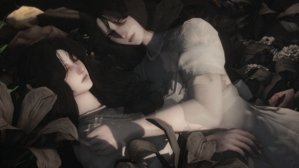 hanneli, a pale midlander with black hair is laid upon a bed of funeral flowers. she seems restless in her death, hand seemingly reaching towards something, but stopped in time. another hanneli is laying atop of her, hand holding her shoulder while looking directly at the viewer, protective of her body. this hanneli is transparent, the flowers are visible through her body.