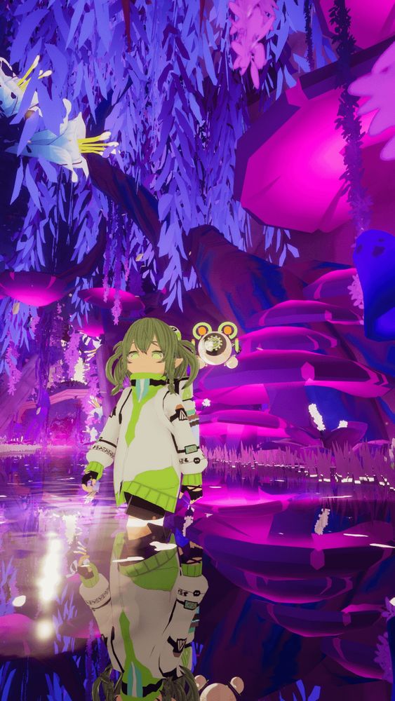 縦長のフルボディ構図。エルフのアバター**「アサダ（CyberAnimeDOLL）」**が、紫の葉と蛍光キノコに囲まれたネオン調の森の池の縁に立っている。白×ライムのテック系パーカー、模様入りスリーブ、指ぬき手袋、厚底ブーツを着用し、右肩後ろには丸いホバーロボが浮かぶ。水面が彼女の姿と光をくっきり反射しており、ややローアングルのミディアムロングショット。全体がピンク～パープルの光に染まり、水面のハイライトがきらめく。