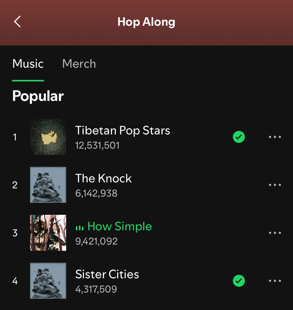 Hop Along’s Spotify page showing their 4 most popular songs currently: 1. Tibetan Pop Stars, 2. The Knock, 3. How Simple, 4. Sister Cities