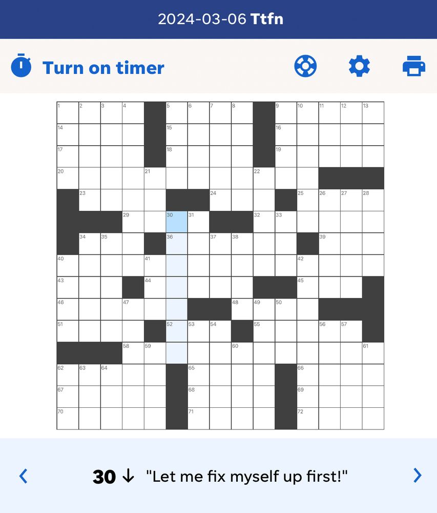 Screenshot of empty puzzle grid, highlighting the clue for 30D: “Let me fix myself up first!”