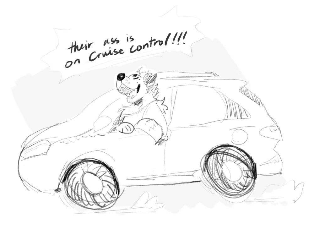 anthro dog sticking their torso out the window of a suv. “their ass is on cruise control!!!” 