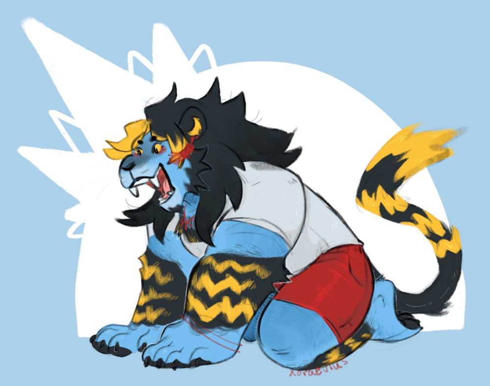my blue hrothgar WoL on their hands and knees with their mouth open in excitement at something not pictured