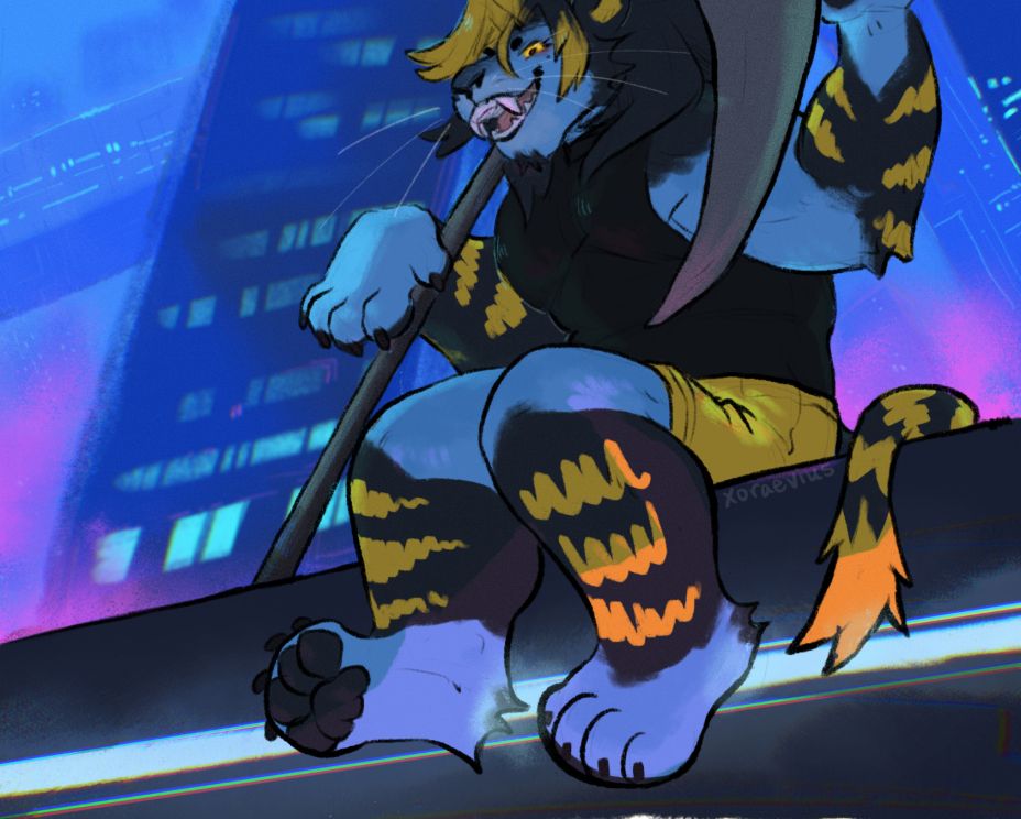 my hrothgar, Luxor, perched on the edge of a building in solution 9. they have their scythe rested against the back of their neck and are holding onto it.