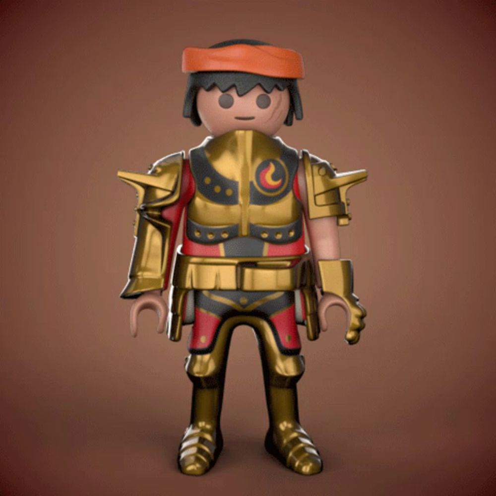 a playmobil figure is wearing a red and gold armor