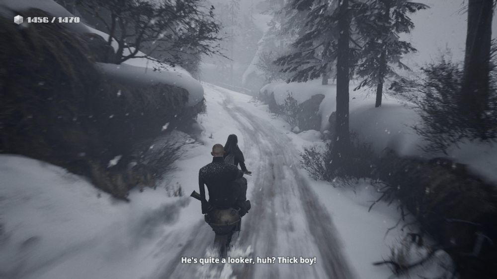 Screenshot of Indika:
Indika drives a small motorbike while a man sits on the back. "He's quite a looker, huh? Thick boy!"