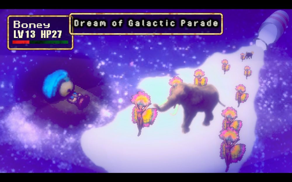 Screenshot of Stray Children:
A dog-faced boy sleeps and dreams. A large bottle of spilled milk floats in space while several feathery dancers and elephants march through, it's a Dream of Galactic Parade!