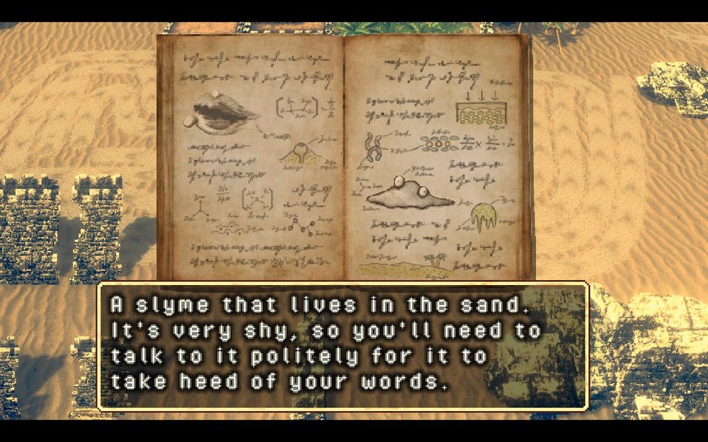 Screenshot of Stray Children:
A monster manual describes an enemy creature, "A slyme that lives in the sand. It's very shy, so you'll need to talk to it politely for it to take heed of your words."