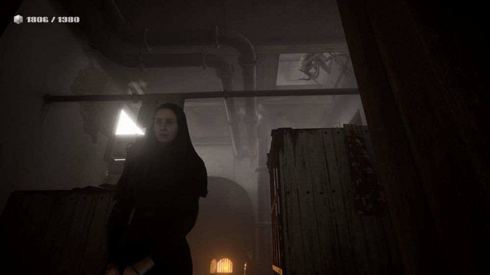Screenshot of Indika:
A surreal house tilted on its side is being explored by Indika. A large furnace can be seen behind her, as well as a demonic creature stalking from a hole in the ceiling.