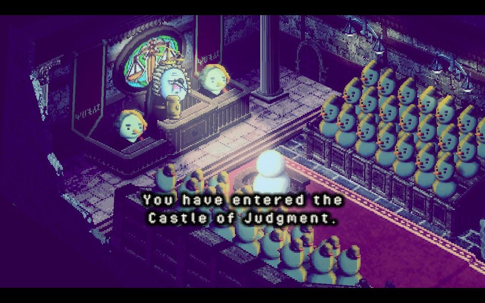 Screenshot of Stray Children:
Dozens of snowmen gather in a large courtroom. A blue Ice King looking guy looms authoritatively, "You have entered the Castle of Judgment."