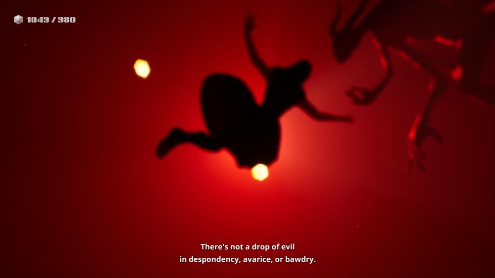 Screenshot of Indika:
A woman's silhouette comes closer to a monstrous/demonic silhouette against a blinding red light. "There's not a drop of evil in despondency, avarice, or bawdry."