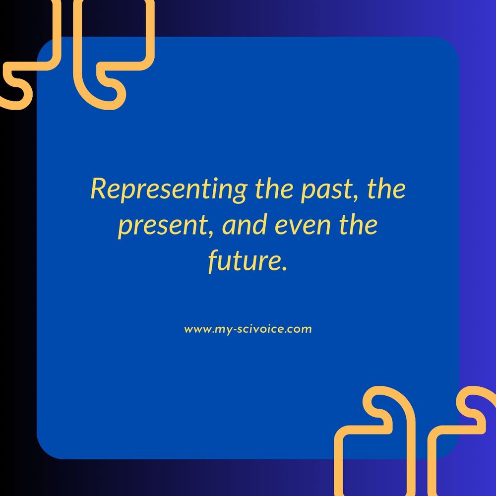 A framed blue backgroung with a sentence in yellow letters in the center: "Representing the past, the present, and even the future". Below the link www.my-scivoice.com. Large quotation marks on the top left and bottom right corners
