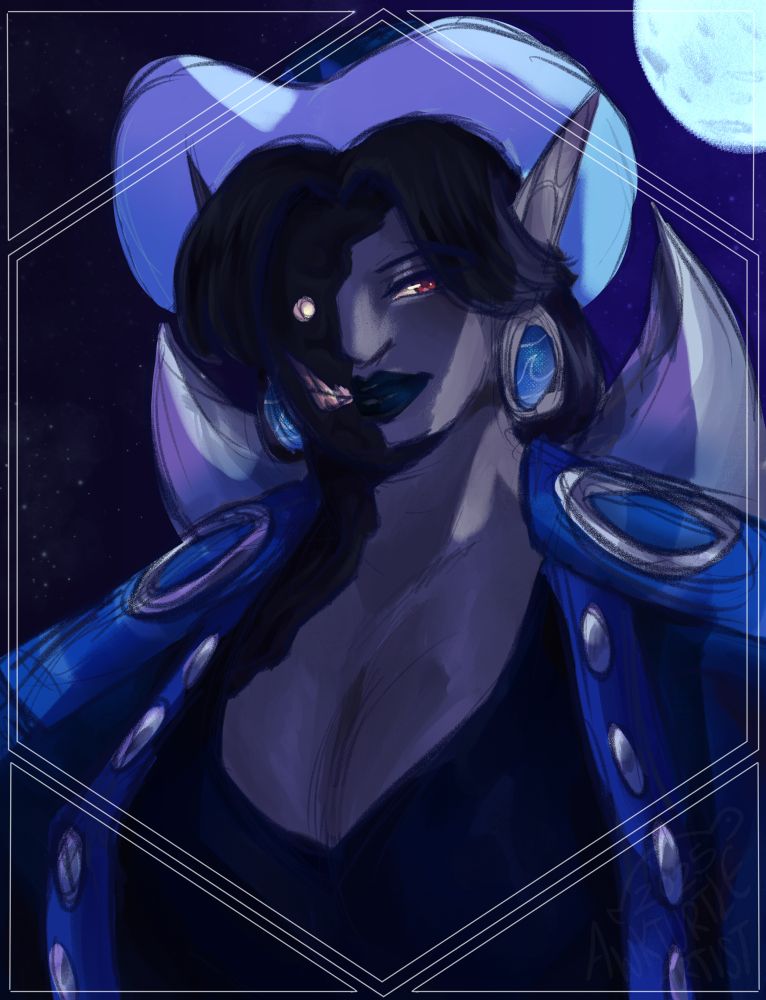 Sketchy portrait of a person with a cowboy hat, crescent moon hair clip and dark blue jean-jacket. The moon lights their figure from the side, their black bangs further framing their face. Their one working eye, a strong scarlet, looks almost towards the moon. Half their face remains immovable due to their burn scars; a subtle smile adorns their lips regardless.