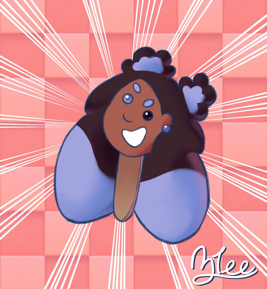 Zlee popsicle, a brown-skinned woman with blue and brown gumball eyes and hair that gradients from brown to blue. She's placed on a pink checkered background reminiscent of a pixelated Sonic stage.