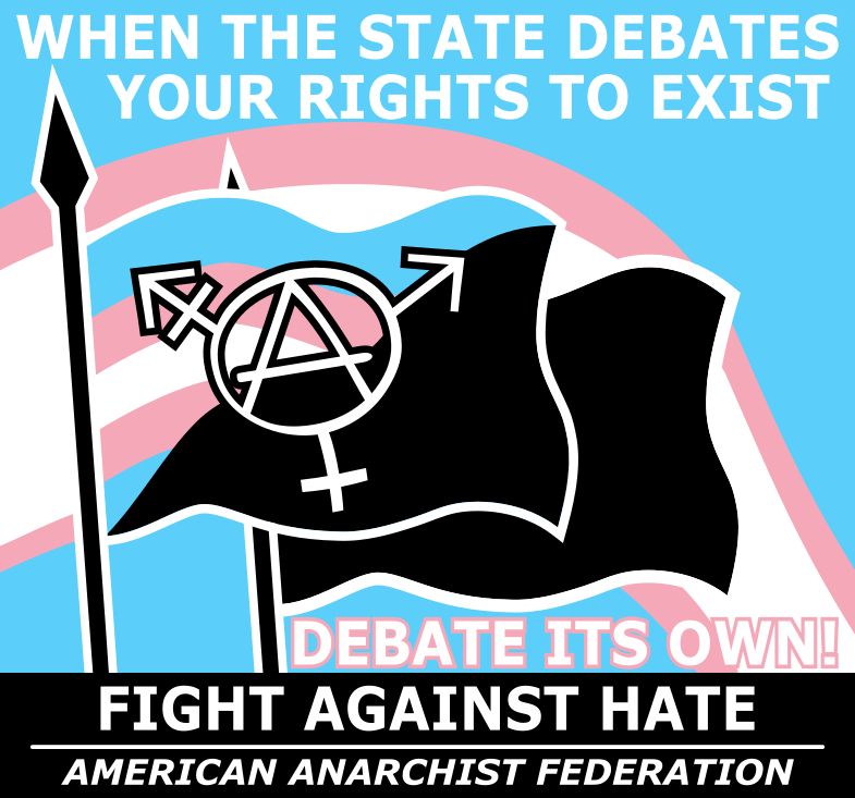 "when the state debates your rights to exist, debate its own!!" trans anarchist flag and trans colors in the background in the middle with "fight against hate" "american anarchist federation" in the bottom