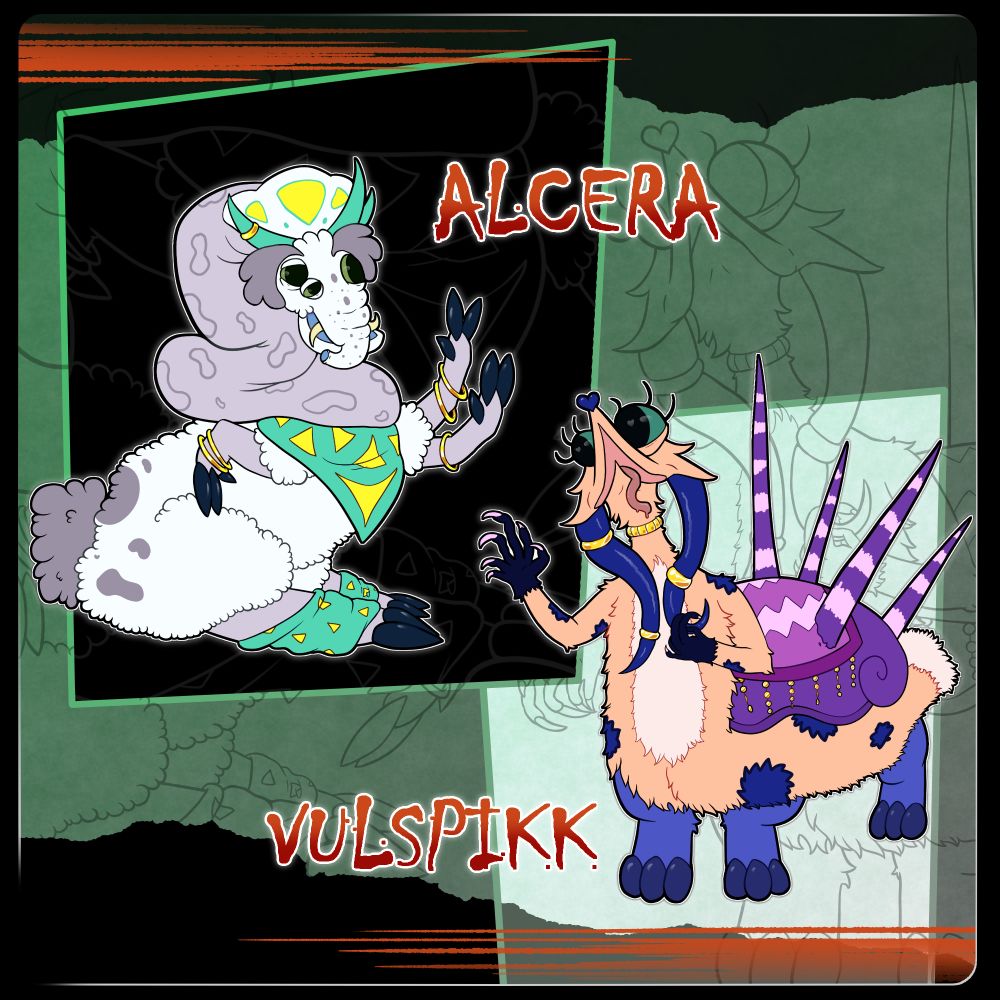On the left side, a large and fluffy, white and purple beast named Alcera sits and waves to the beast on the right, a fluffy beast with a spiky purple and pink striped shell, who's name is Vulspikk. The background is a copy of the line art of the beasts, but larger and off center, with large squares that are not straight and green. 