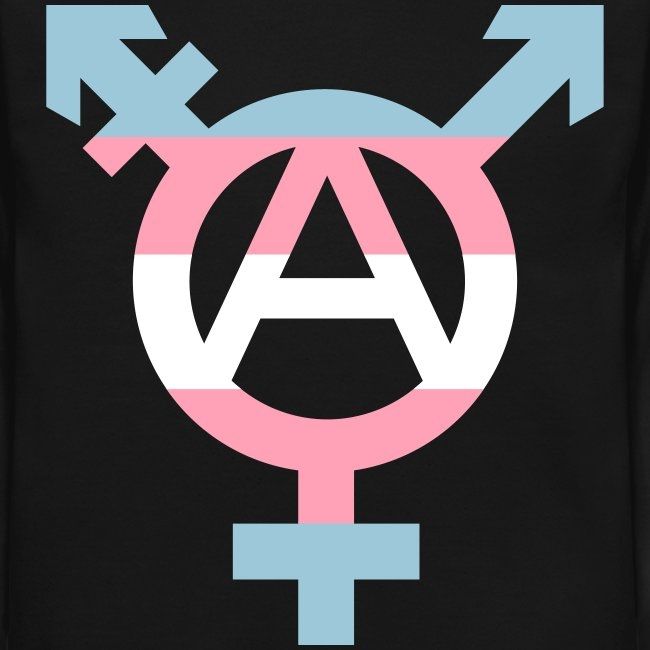 Tranarchy symbol, composed of the transgender symbol which is a combination Mars (circle with an arrow pointing up and left) and Venus symbol (circle with a downward pointing cross) with another arrow, crossed like a "t" coming out of the top right side of the circle, and an "A" for anarchy in the center.