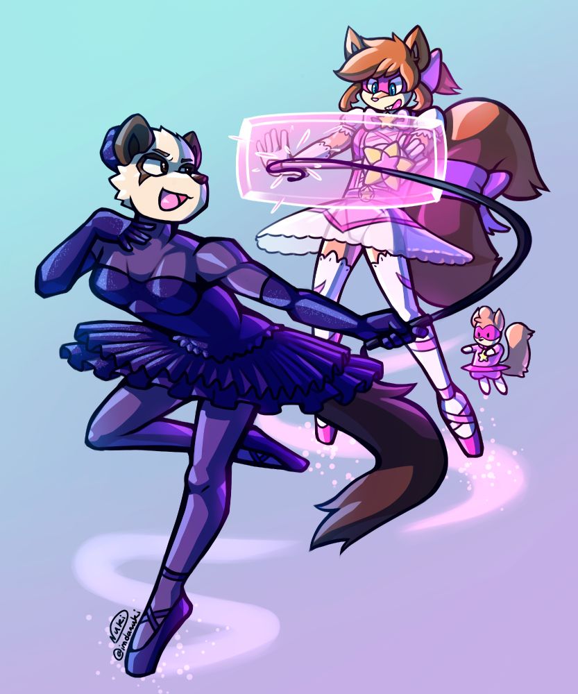The ballet anti-hero Onyx Cygnet spars with the magical girl hero Stellar Squeak. Onyx Cygnet twirls and attacks with her whip, which is blocked by Stellar Squeak's magical barrier.