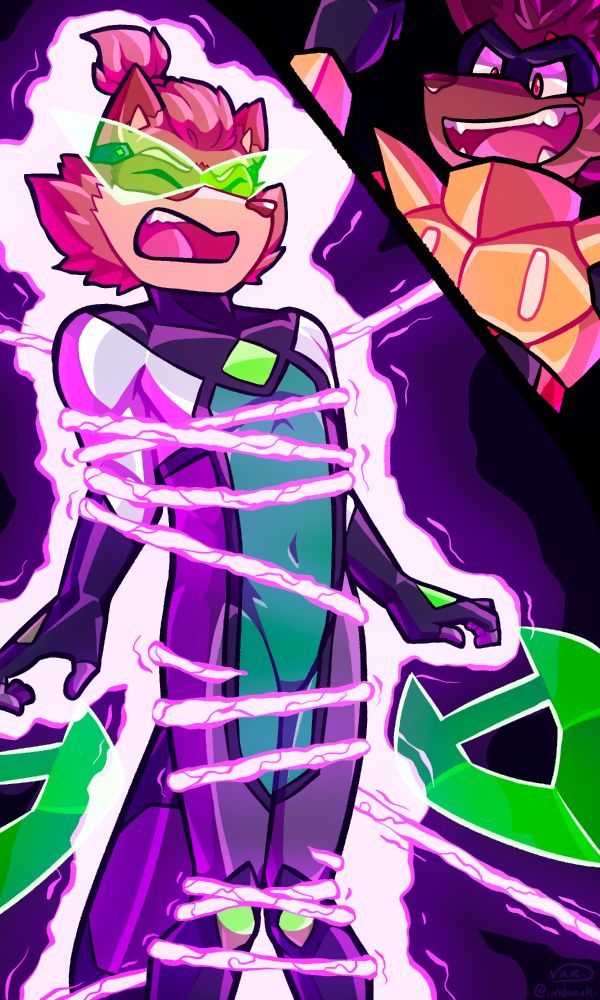 The anthro raccoon hero Jade ranger, wearing a green/black/gray/white suit, getting shocked by electrical ropes and grunting in pain. The hyena villain is shown in the top right corner.