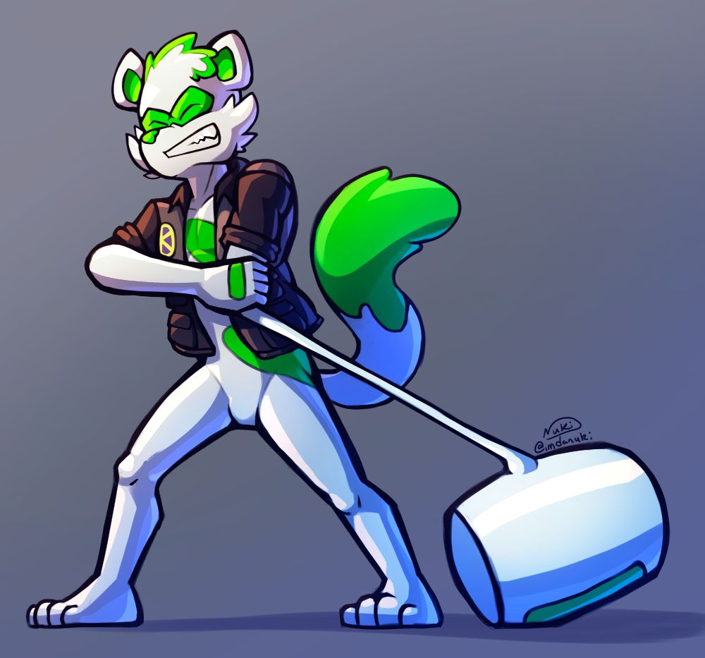 An anthro Goo Squirrel struggling to carry his arm thats been morphed into a big mallet.