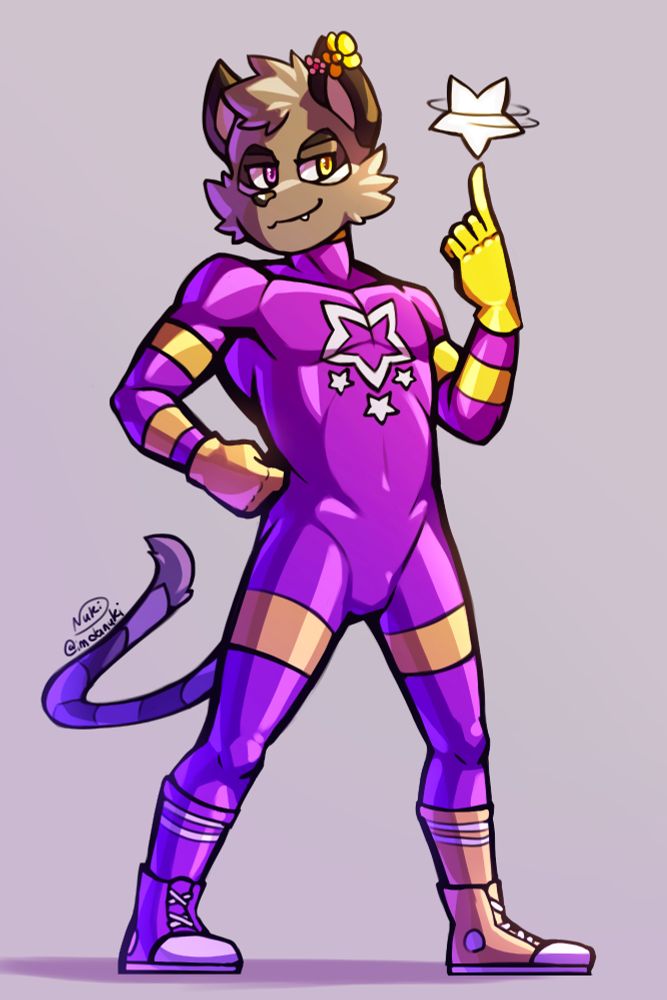 An anthro cat hero in a hero suit twirling a star on their finger like a basketball.