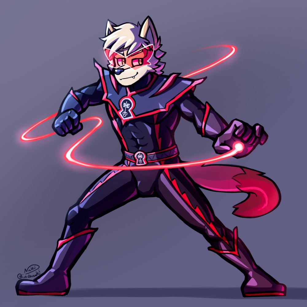 A villain fox wearing a black/red villain suit, creating and handling an energy rope.