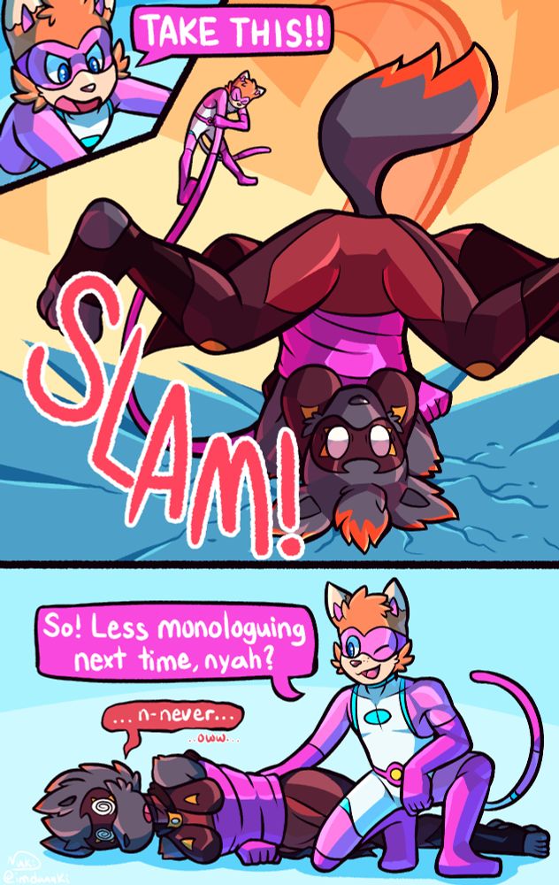 The hero "Bubblegum" slams the Villain "Pyro Devil" into the ground, knocking her out. 