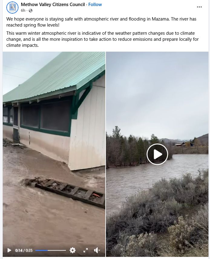 Methow Valley Citizens Council Facebookpost
We hope everyone is staying safe with atmospheric river and flooding in Mazama. The river has reached spring flow levels! 
This warm winter atmospheric river is indicative of the weather pattern changes due to climate change, and is all the more inspiration to take action to reduce emissions and prepare locally for climate impacts.
To watch videos: https://www.facebook.com/100064380711413/videos/pcb.1287207053435306/1251662290340026