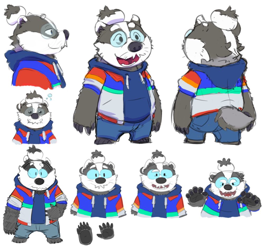 Sketches of an anthropomorphic badger.