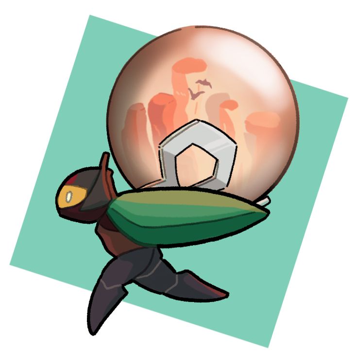 Illustration for Cocoon. The main character of the game is running with one of the world-sphere-thingy on their back.