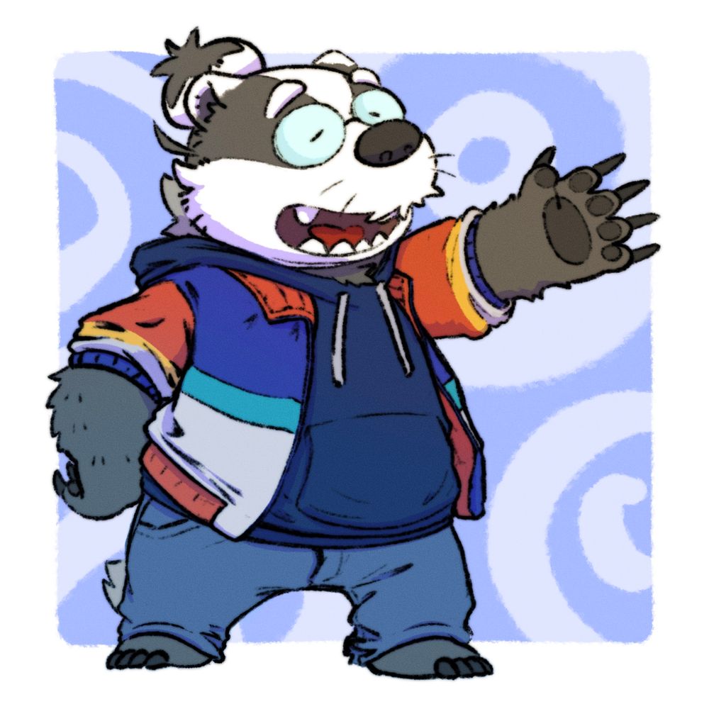 An anthropomorphic badger with an onion bun on his head, wearing a colourful jacket.